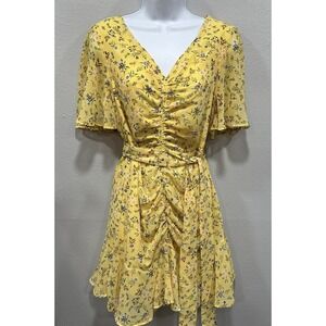 Shinestar Mini Dress Medium Juniors Yellow Floral Print Zip Lined Sheer Belted